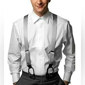 Unisex 100% Silk Suspenders in Gray Silver Tone Hardware Black Patent Leather